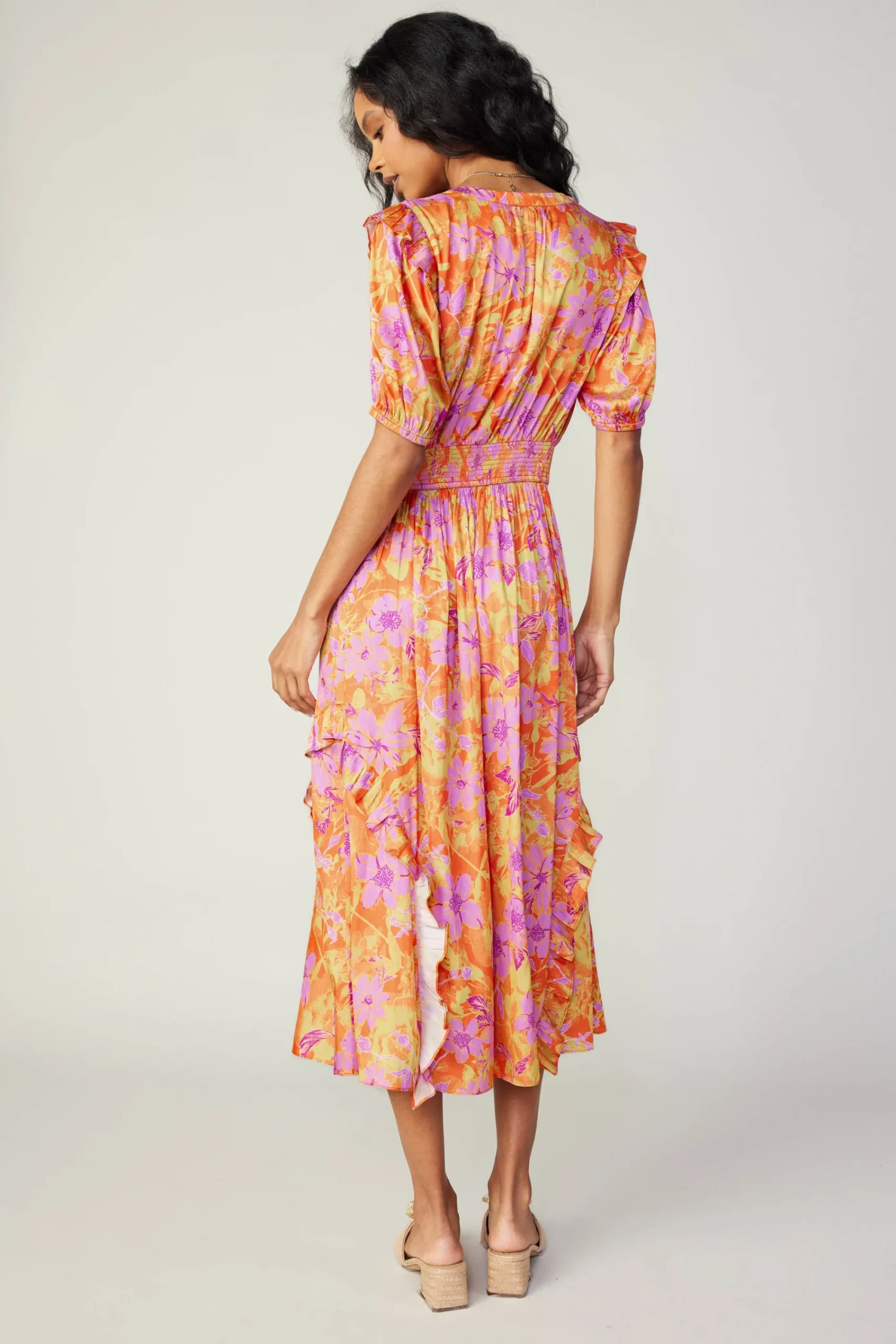 Current Air Midi Dresses-Ruffled Shoulder Floral Midi Dress ORANGEPINK