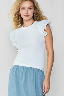 Current Air Knitwear | Sleeveless Tops-Ruffled Shoulder Knit Tank WHITE