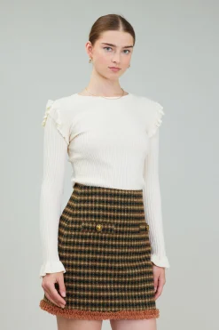 Current Air Knitwear | Long Sleeve Tops-Ruffled Shoulder Top CREAM