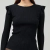 Current Air Knitwear | Long Sleeve Tops-Ruffled Shoulder Top BLACK