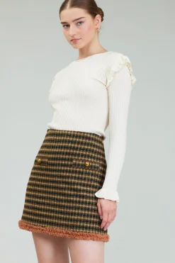 Current Air Knitwear | Long Sleeve Tops-Ruffled Shoulder Top CREAM