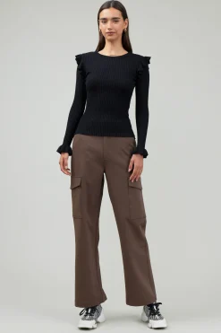 Current Air Knitwear | Long Sleeve Tops-Ruffled Shoulder Top BLACK