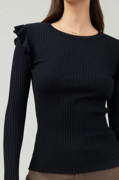 Current Air Knitwear | Long Sleeve Tops-Ruffled Shoulder Top BLACK