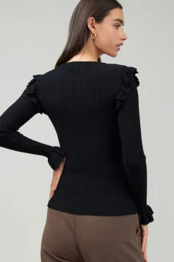 Current Air Knitwear | Long Sleeve Tops-Ruffled Shoulder Top BLACK