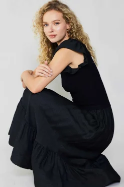 Current Air Midi Dresses-Ruffled Sleeve Sweater Dress BLACK