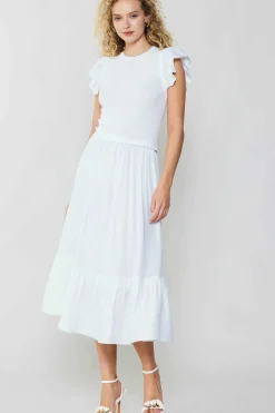 Current Air Knitwear | Midi Dresses-Ruffled Sleeve Sweater Dress WHITE