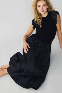 Current Air Midi Dresses-Ruffled Sleeve Sweater Dress BLACK