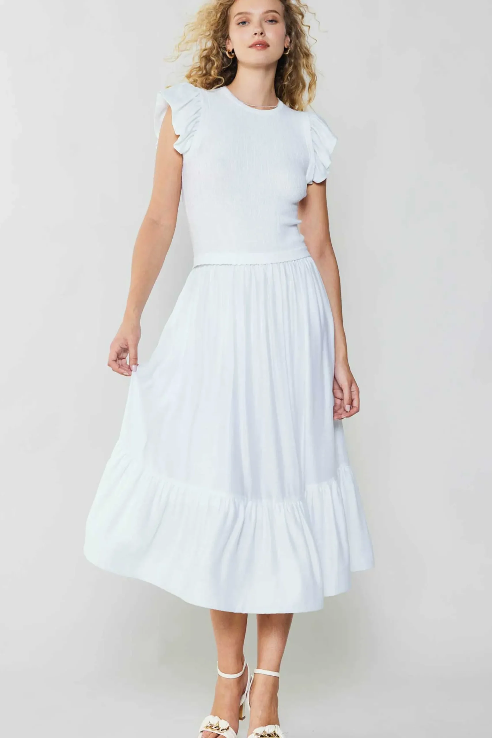 Current Air Knitwear | Midi Dresses-Ruffled Sleeve Sweater Dress WHITE