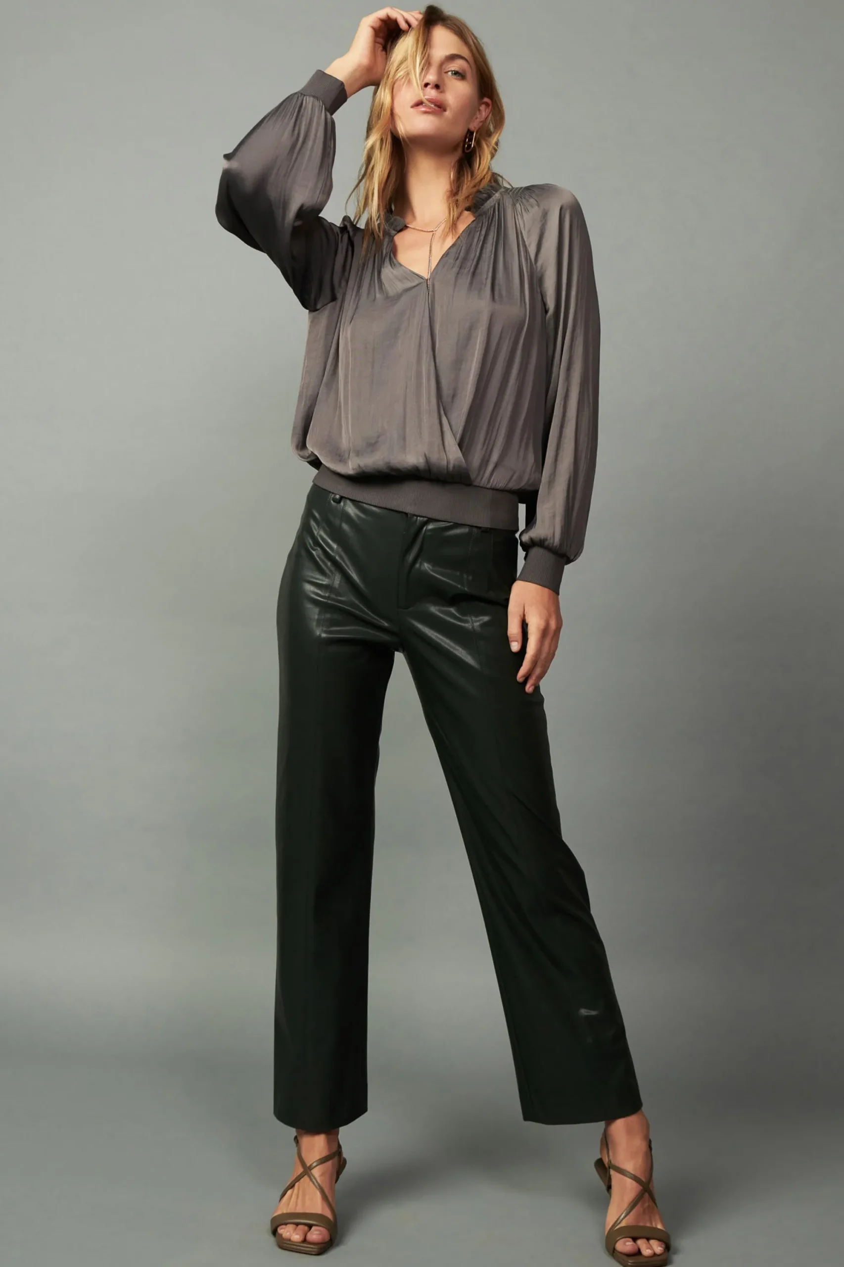 Current Air Long Sleeve Tops-Ruffled Surplice Blouse TAUPEGREY