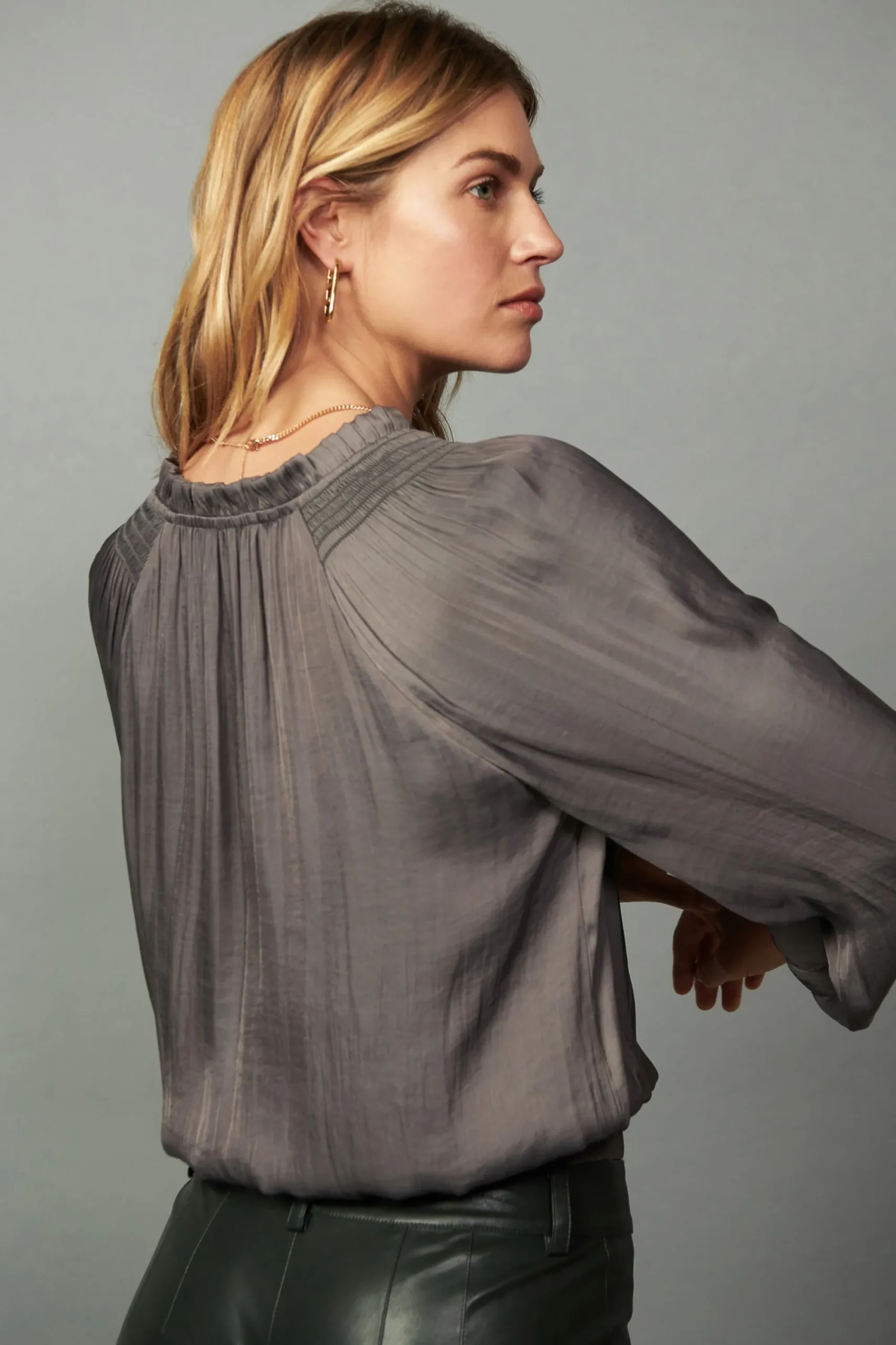 Current Air Long Sleeve Tops-Ruffled Surplice Blouse TAUPEGREY
