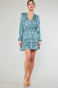 Current Air Mini Dresses-Ruffled Surplice Floral Mini Dress GREEN