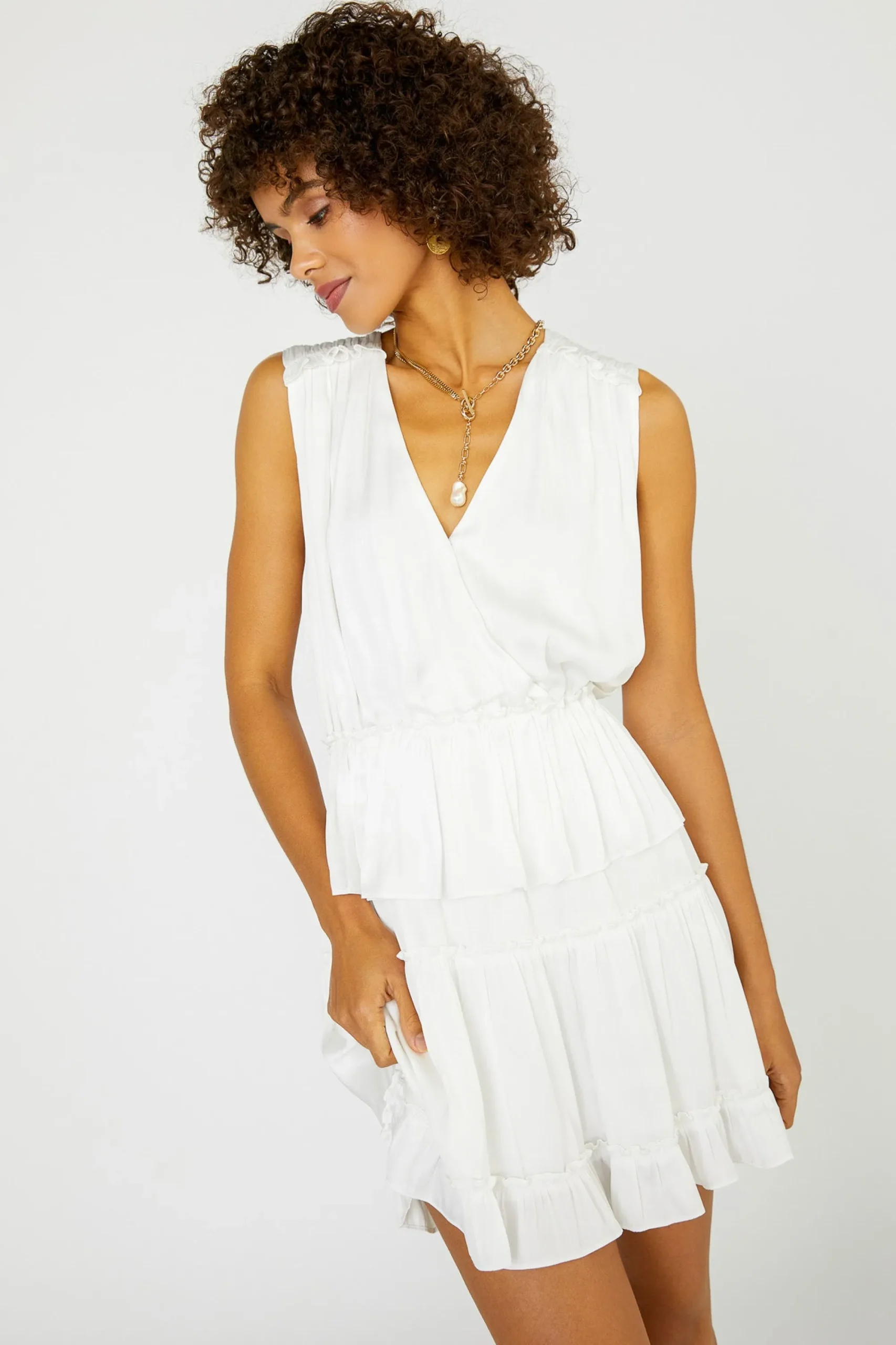 Current Air Mini Dresses-Ruffled Surplice Mini Dress WHITE