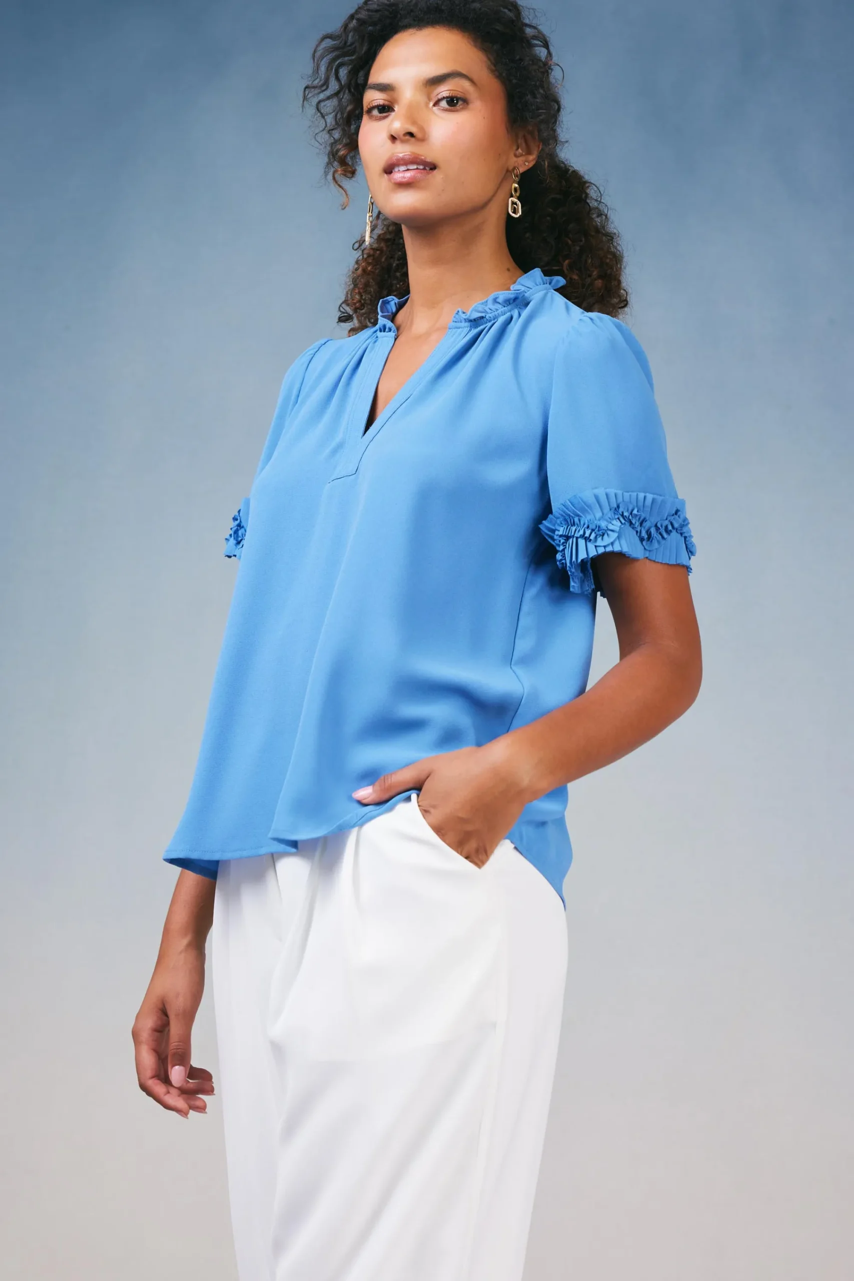 Current Air Short Sleeve Tops-Ruffled Trim Blouse FADEDBLUE