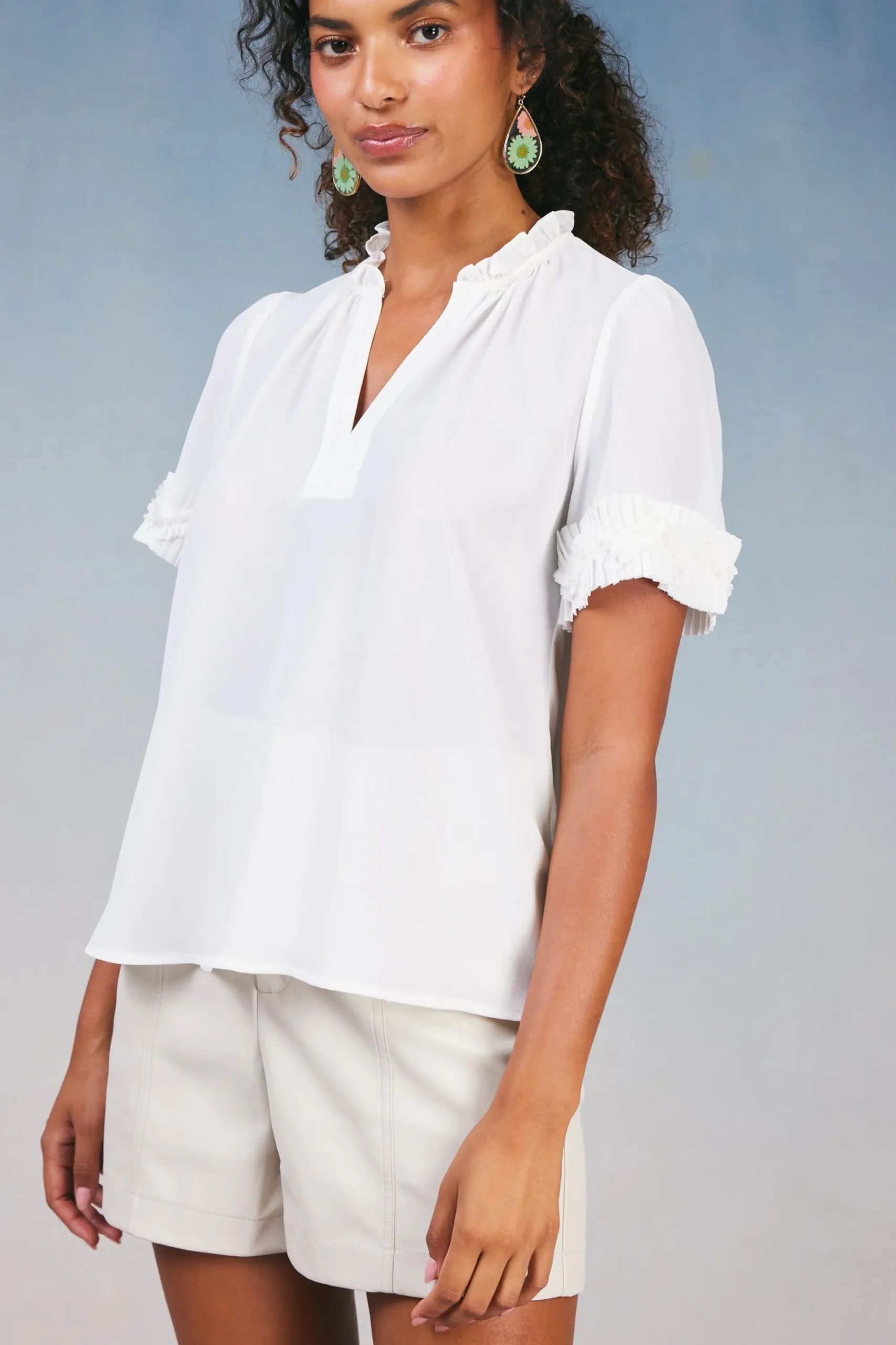 Current Air Short Sleeve Tops-Ruffled Trim Blouse WHITE