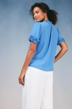 Current Air Short Sleeve Tops-Ruffled Trim Blouse FADEDBLUE