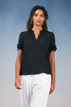 Current Air Short Sleeve Tops-Ruffled Trim Blouse BLACK