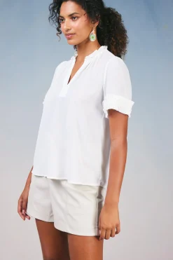 Current Air Short Sleeve Tops-Ruffled Trim Blouse WHITE