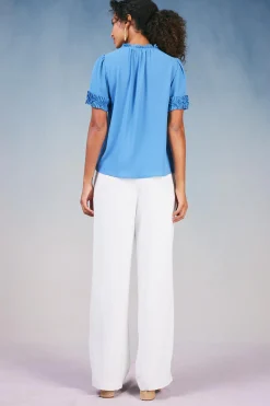 Current Air Short Sleeve Tops-Ruffled Trim Blouse FADEDBLUE