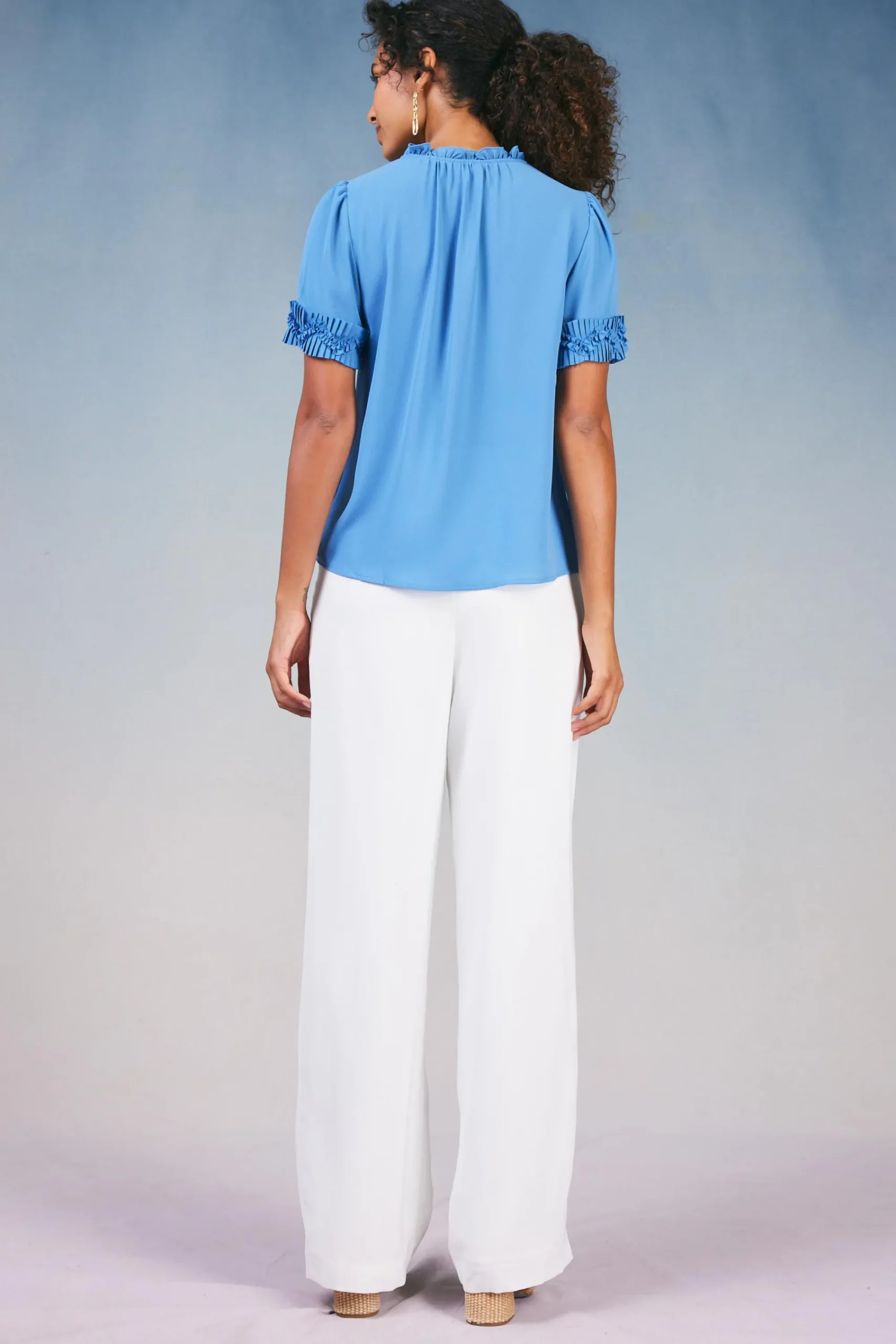 Current Air Short Sleeve Tops-Ruffled Trim Blouse FADEDBLUE