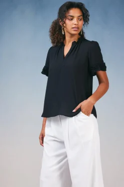 Current Air Short Sleeve Tops-Ruffled Trim Blouse BLACK