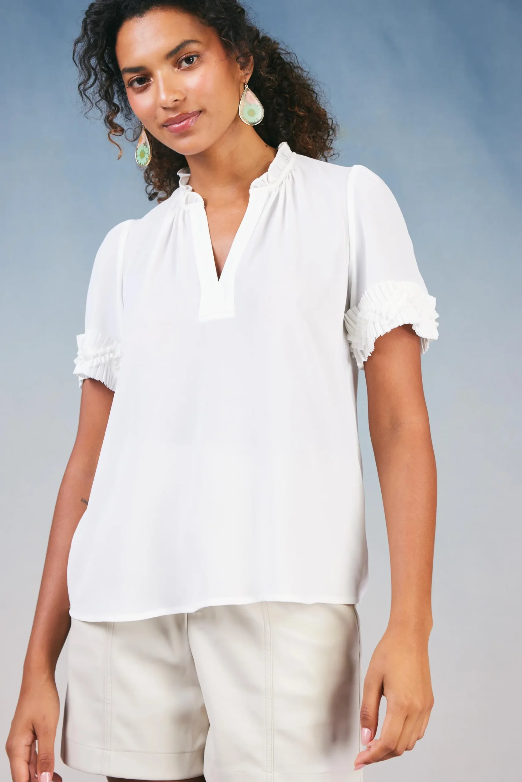 Current Air Short Sleeve Tops-Ruffled Trim Blouse WHITE
