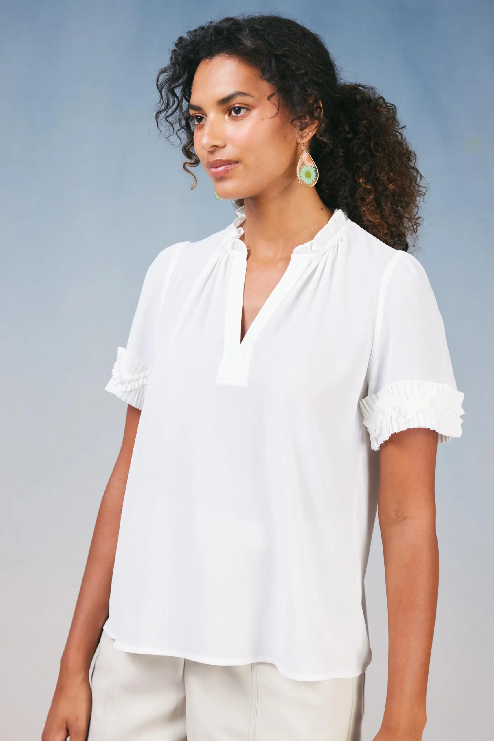 Current Air Short Sleeve Tops-Ruffled Trim Blouse WHITE