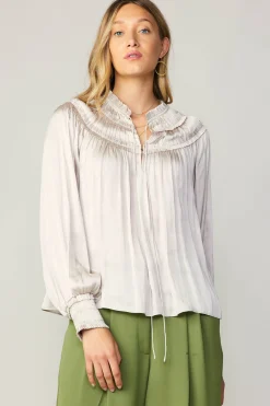 Current Air Long Sleeve Tops-Ruffled Yoke Blouse ECRU