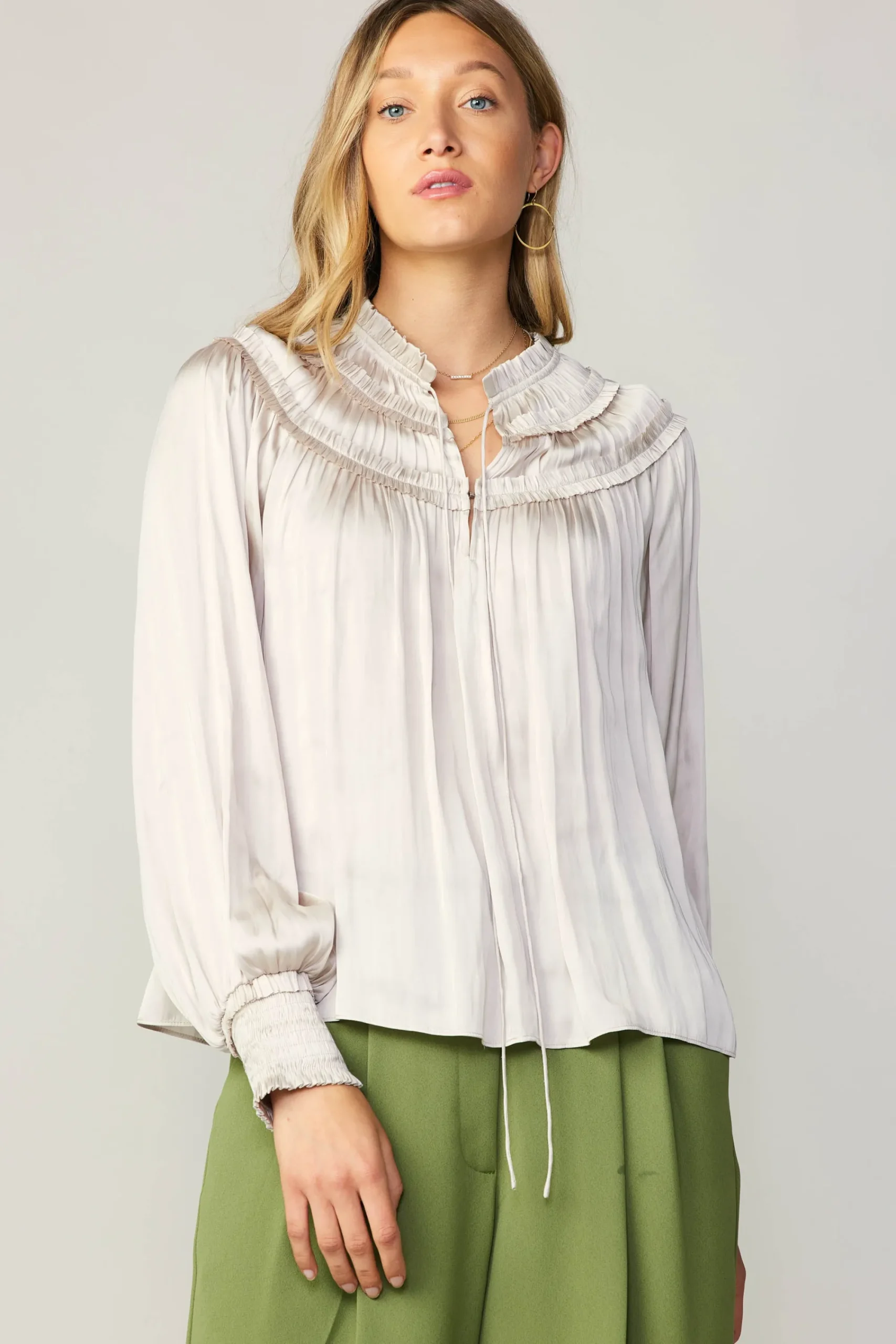 Current Air Long Sleeve Tops-Ruffled Yoke Blouse ECRU