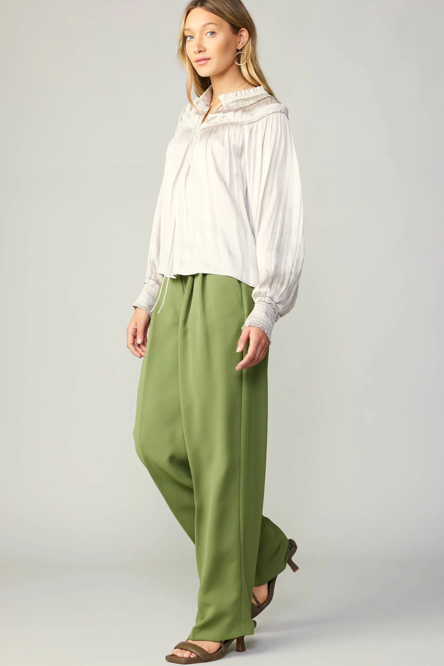 Current Air Long Sleeve Tops-Ruffled Yoke Blouse ECRU
