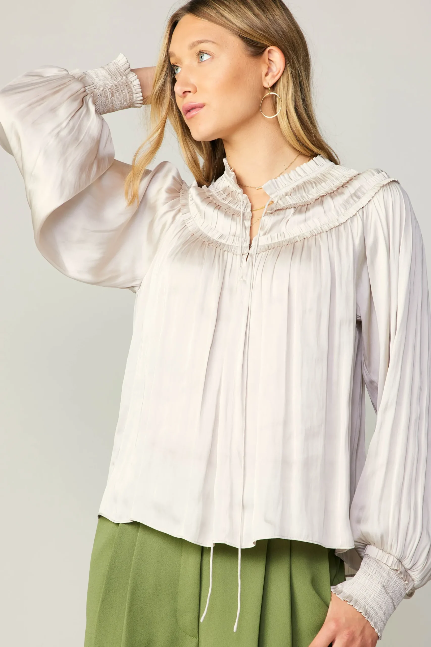 Current Air Long Sleeve Tops-Ruffled Yoke Blouse ECRU