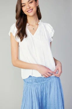 Current Air Short Sleeve Tops-Sadie Tiered Sleeve Floral Blouse OFFWHITEFLORAL