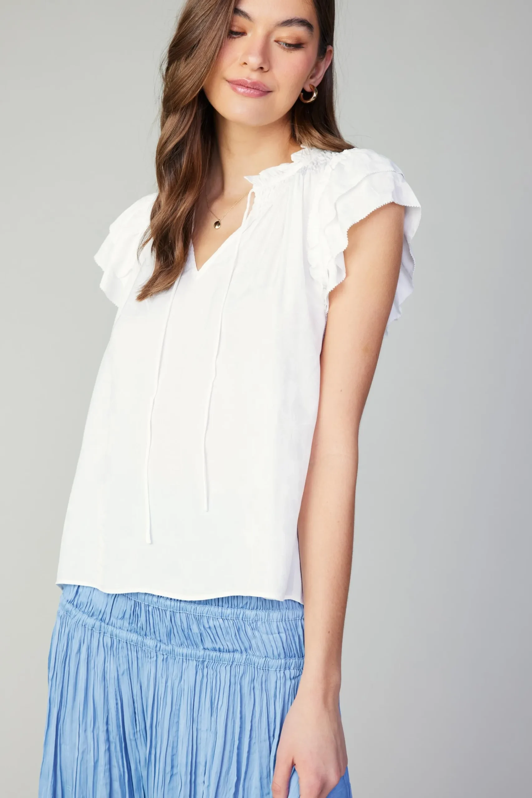 Current Air Short Sleeve Tops-Sadie Tiered Sleeve Floral Blouse OFFWHITEFLORAL