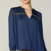 Current Air Long Sleeve Tops-Santa Fe Embroidered Blouse NAVY