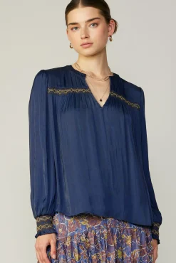 Current Air Long Sleeve Tops-Santa Fe Embroidered Blouse NAVY