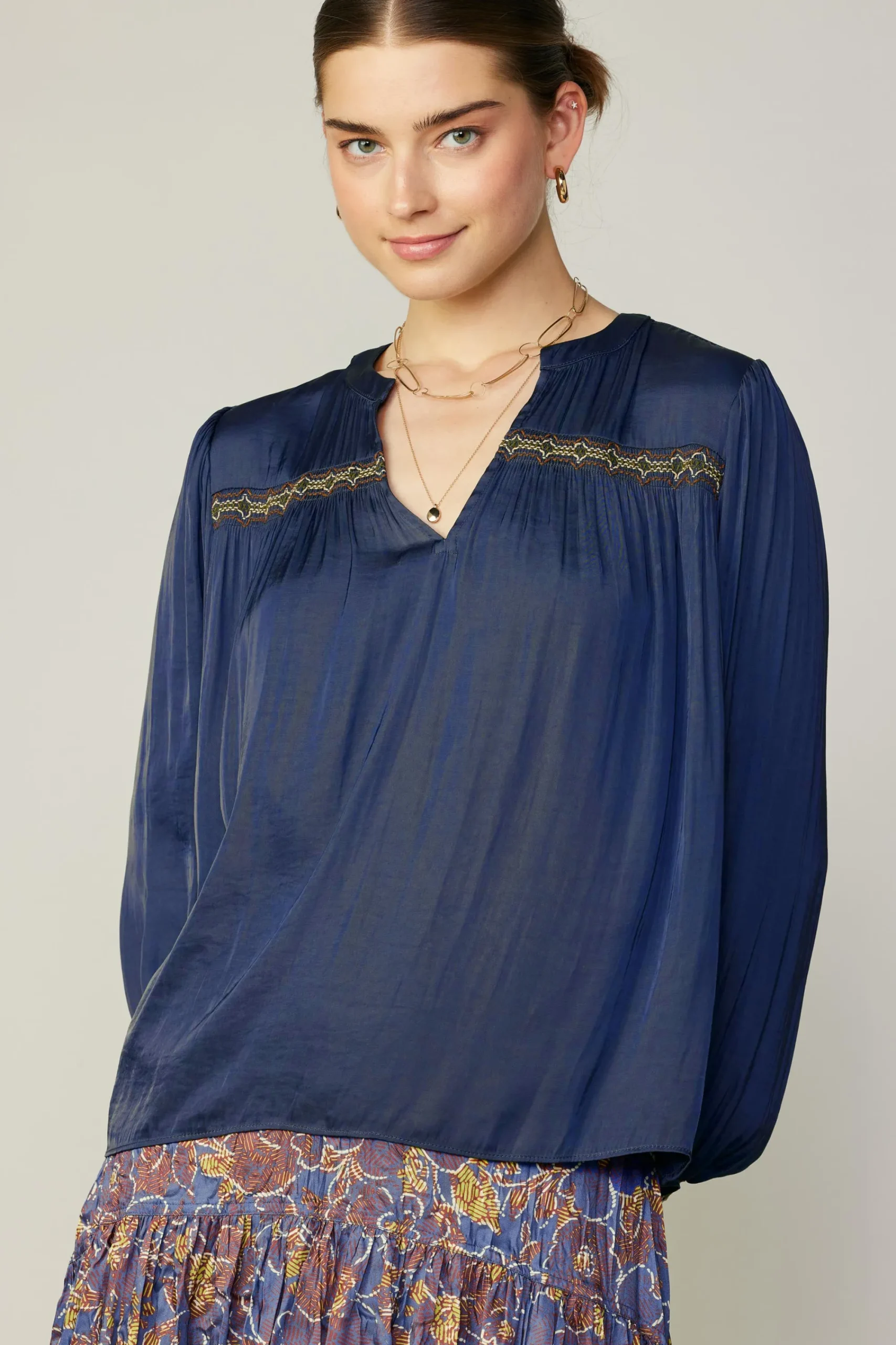 Current Air Long Sleeve Tops-Santa Fe Embroidered Blouse NAVY