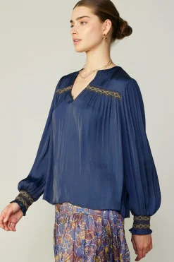 Current Air Long Sleeve Tops-Santa Fe Embroidered Blouse NAVY