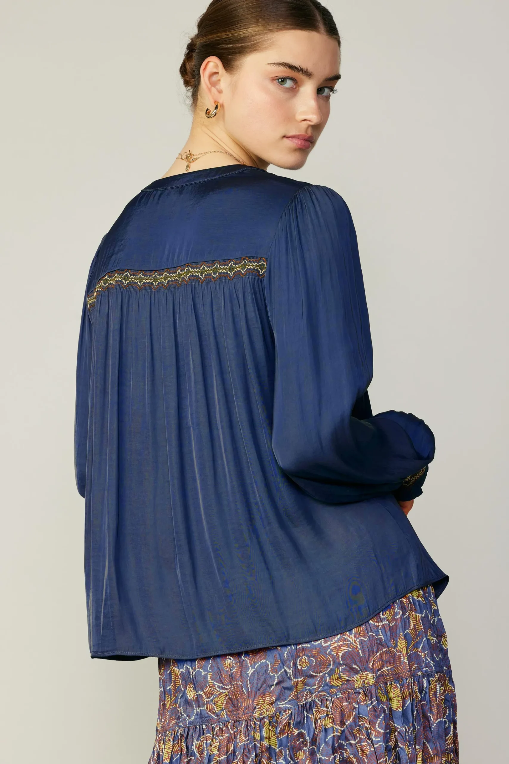 Current Air Long Sleeve Tops-Santa Fe Embroidered Blouse NAVY