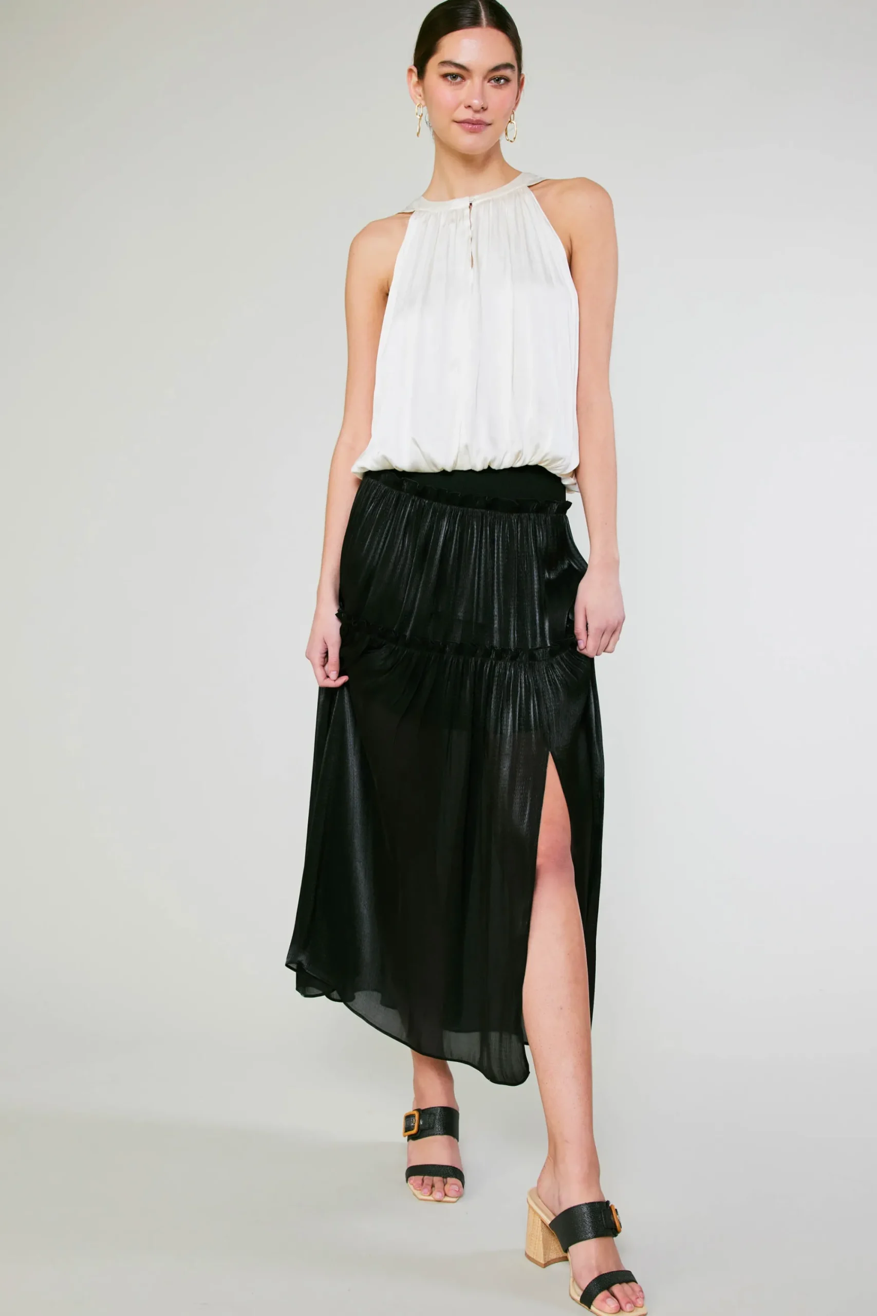 Current Air Skirts-Satin Weave Maxi Skirt BLACK
