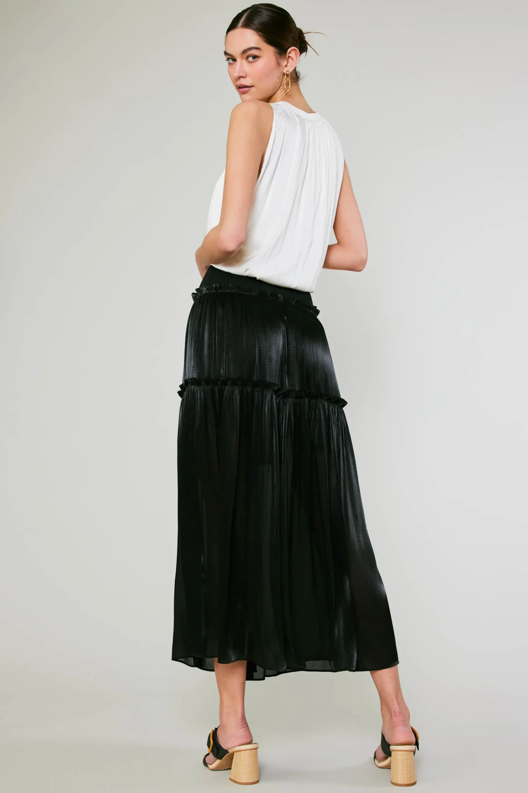 Current Air Skirts-Satin Weave Maxi Skirt BLACK