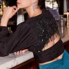Current Air Long Sleeve Tops-Sequin Back Cutout Top BLACK