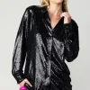 Current Air Long Sleeve Tops-Sequin Buttonup Shirt BLACK