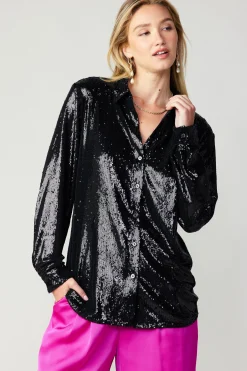 Current Air Long Sleeve Tops-Sequin Buttonup Shirt BLACK