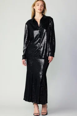 Current Air Long Sleeve Tops-Sequin Buttonup Shirt BLACK