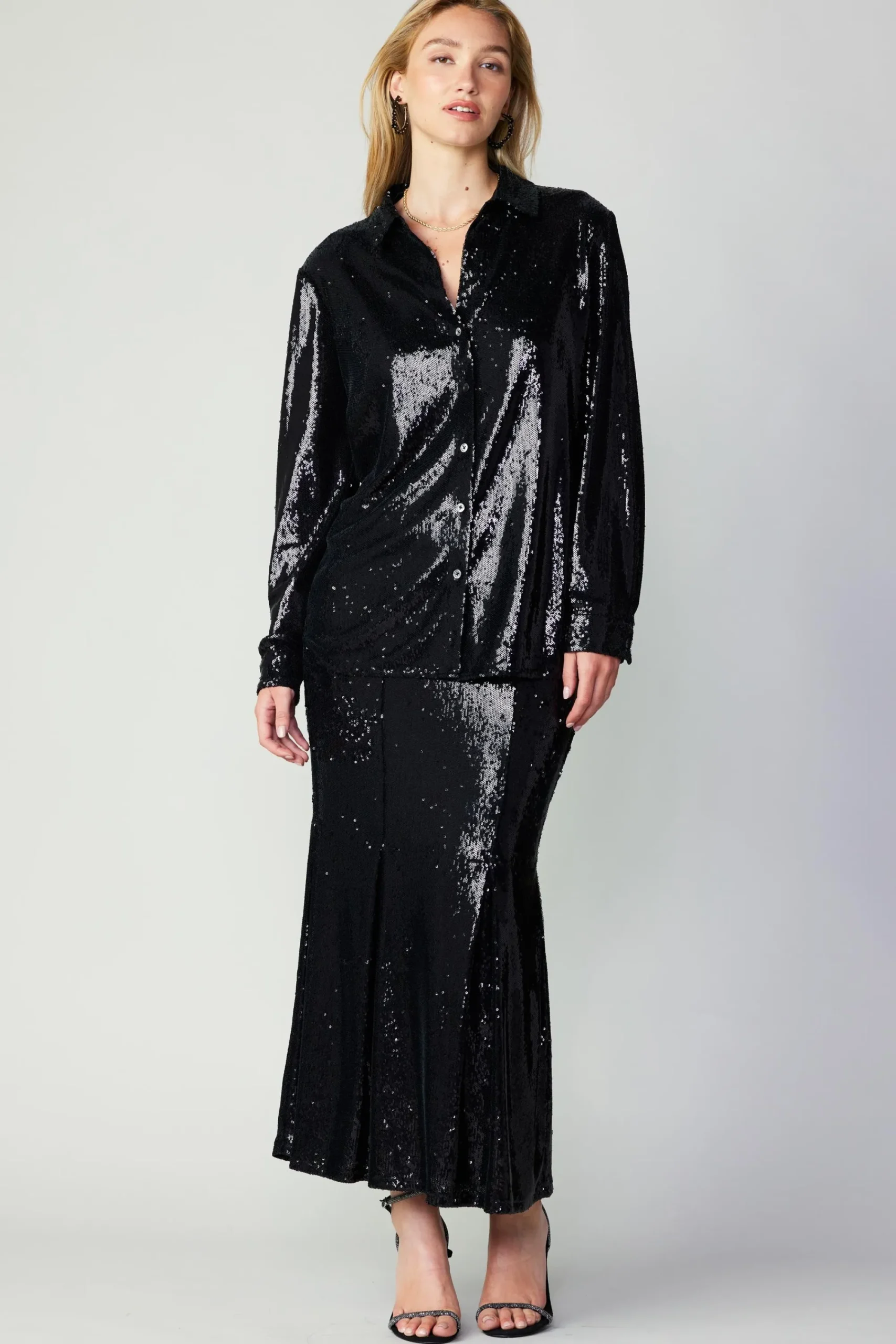 Current Air Long Sleeve Tops-Sequin Buttonup Shirt BLACK
