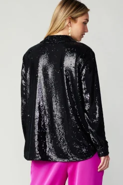 Current Air Long Sleeve Tops-Sequin Buttonup Shirt BLACK