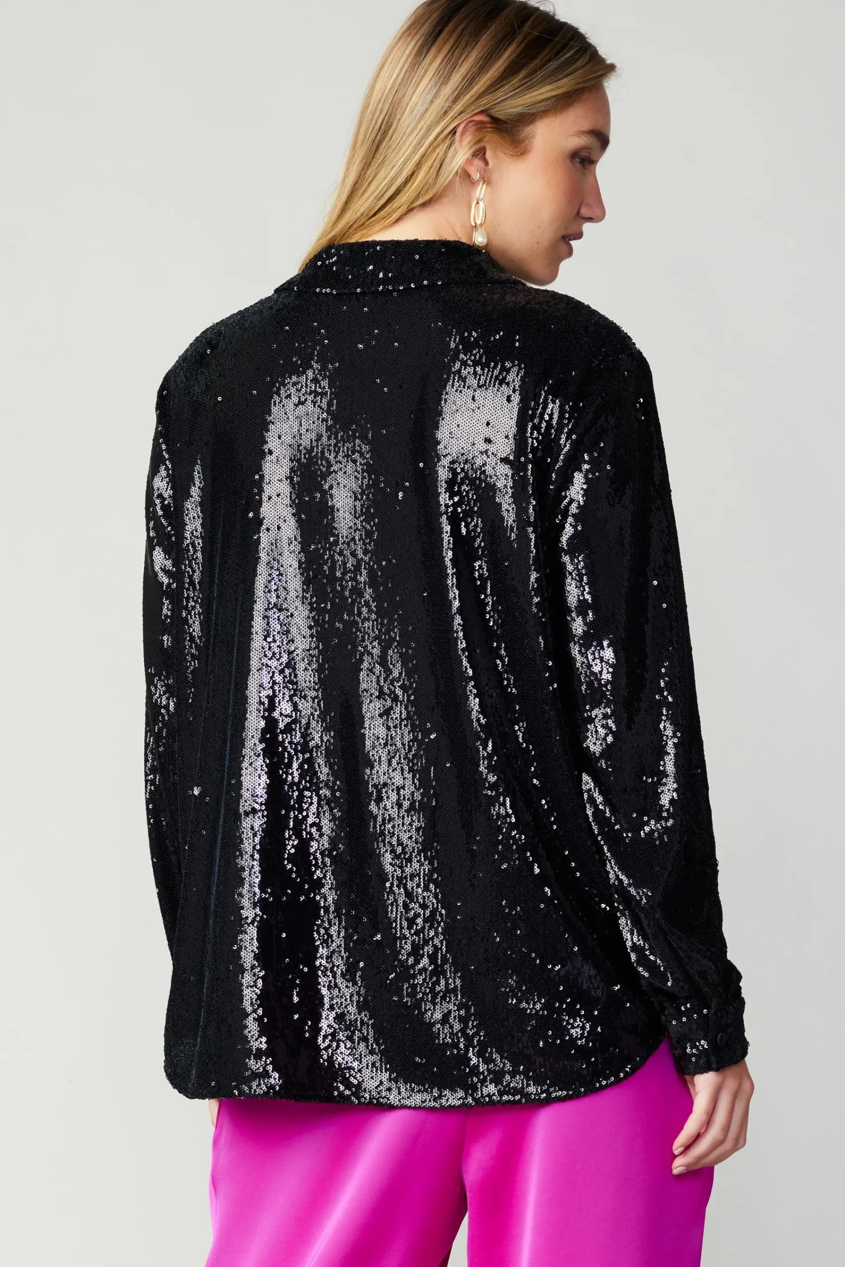 Current Air Long Sleeve Tops-Sequin Buttonup Shirt BLACK