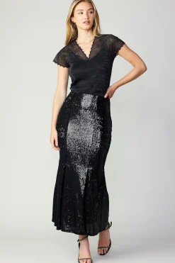 Current Air Skirts-Sequin Flared Skirt BLACK