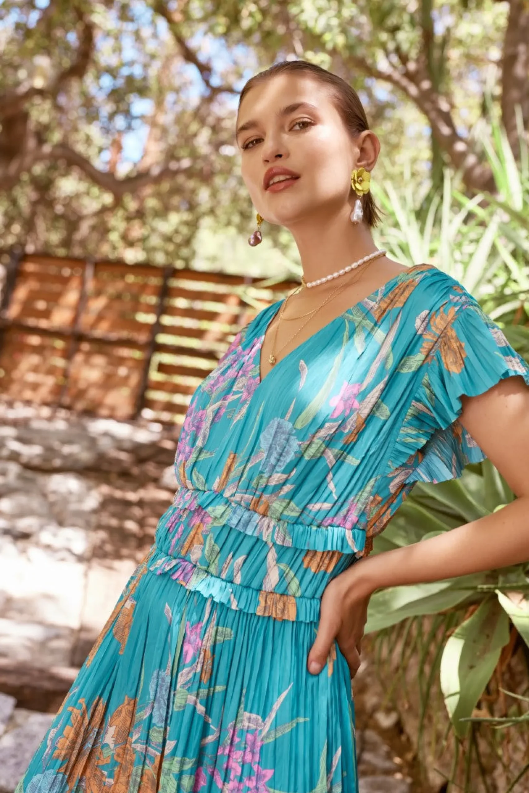 Current Air Midi Dresses-Sereia Botanical Motif Midi Dress TEAL