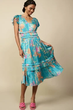 Current Air Midi Dresses-Sereia Botanical Motif Midi Dress TEAL