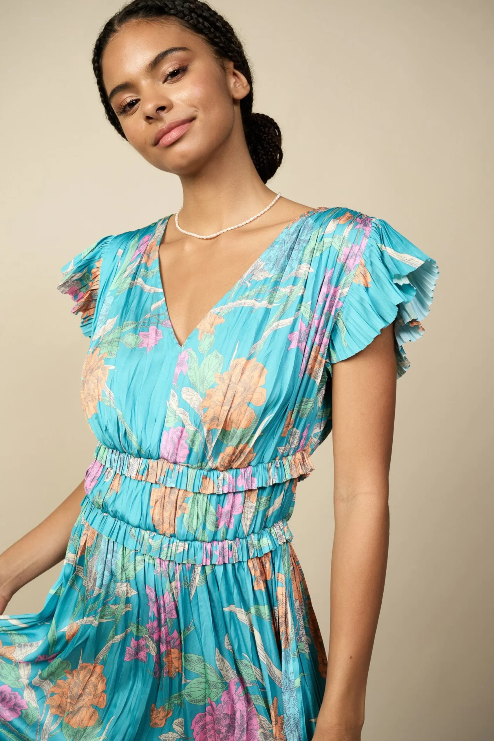 Current Air Midi Dresses-Sereia Botanical Motif Midi Dress TEAL